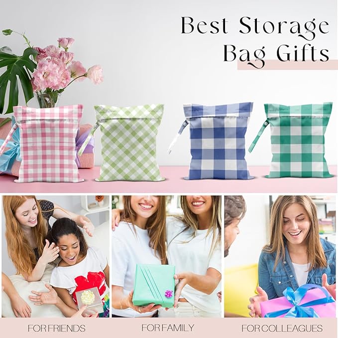 Wet Bag, 4Pcs Wet Dry Bag Set, Reusable Waterproof Bags with Checkered Plaid for Women, Ideal for Beach, Pool, Travel & Daily Essentials Storage
