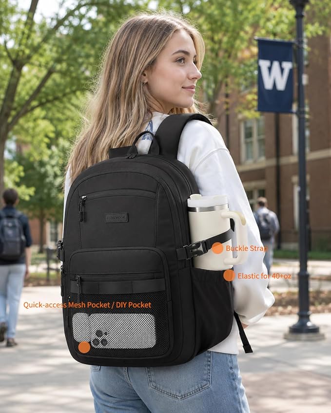 LOVEVOOK Laptop Backpack Women/Men with 40oz Cup Holder Buckle Strap, 17.3 Inch Tech-Ready Work Backpack, TSA-compliant for Travel & College with Versatile Mesh Pocket, Black
