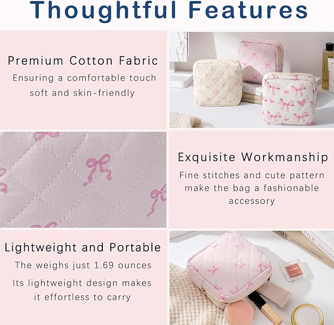RSRSLEII Small Quilted Cosmetic Pouch for Purse, Mini Cotton Makeup Bag with Compartments, Cute Zipper Lipstick Holder for Women (05Small Pink bow)