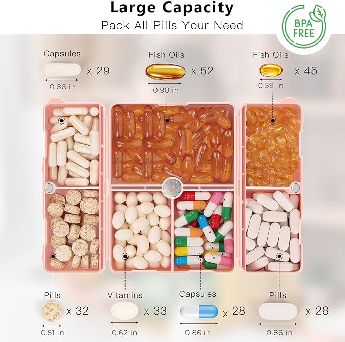 FYY Daily Pill Organizer,2 Pcs 7 Compartments Portable Pill Case Travel,Folding Design Pill Box for Purse Pocket to Hold Vitamins,Cod Liver Oil,Supplements and Medication-Pink