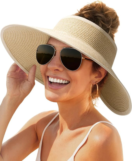 FURTALK Sun Hats for Women Wide Brim Beach Hat Straw Visor Ponytail Summer UV Packable Foldable Beach Vacation Essentials