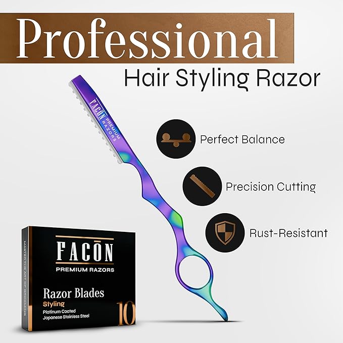 Facón Hair Razors for Cutting Hair - Professional Styling Razor Kit with 11 Replacement Blades, Stainless Steel Hairs Cutting Tool for Salon & Home, Premium Cutting Thinning Texturizing Faether Razor