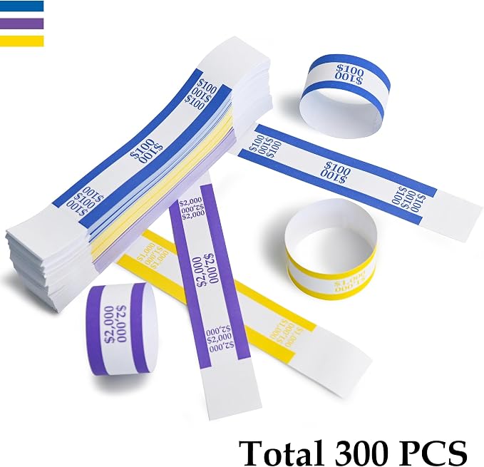 L LIKED 300 PCS Currency Straps Money Bands, Self Sealing Money Bill Wrappers ($100, $1000, $2000)