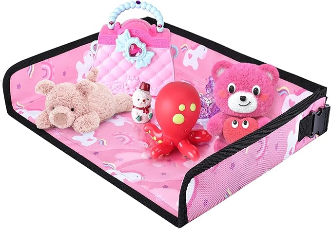 Kids Travel Tray Table Cover with Pockets – Airplane Essentials for Toddlers, Portable Activity Organizer for Plane, Train Car & Highchair, Machine Washable (Pink)