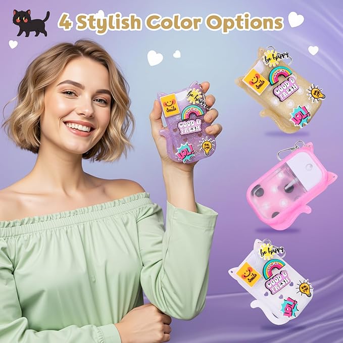 FunisFun Glitter Silicone Holder Case Compatible with Hand Sanitizer Spray 1 Fl. OZ., Cat-shaped Case Keychain with 6 Charms