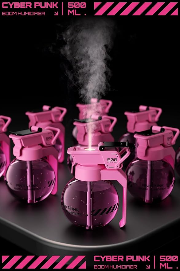 Fangool Mini Cyberpunk Essential Oil Diffuser & Humidifier, 500ml Portable USB Quiet Operation, Auto Shut-Off, 8H Runtime for Gaming, Bedroom, Office, Yoga, Travel Gift (Pink)