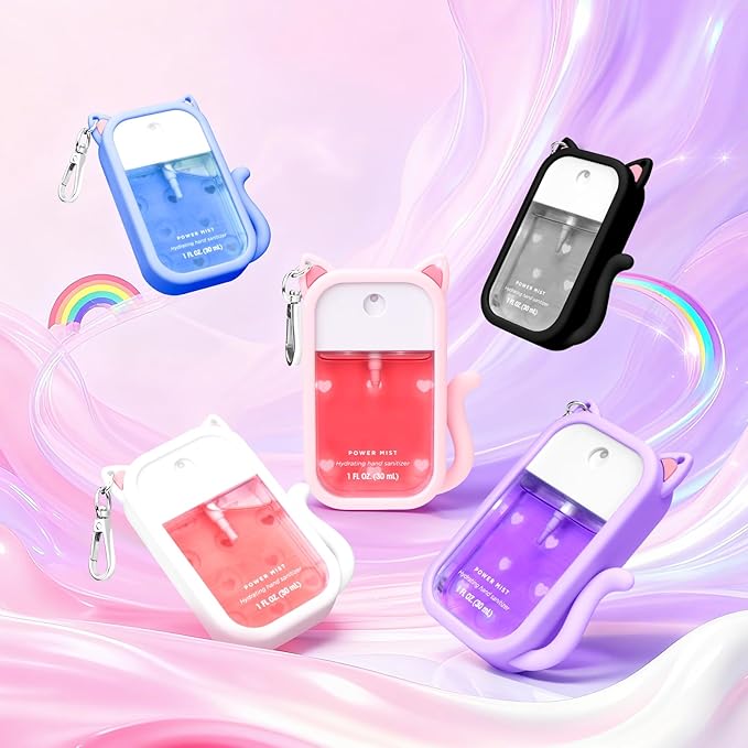 Cat Silicone Case for Touchland Hand Sanitizer Spray with Keychain, Compatible with Power Mist & Glow Mist 1 FL Oz/30ML for Touchland Case, with Charms Accessory Cute Travel Cover Sleeve Black