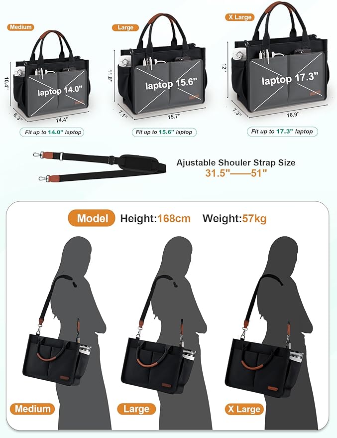 FIORETTO Womens Canvas Tote Bag Purse with Individual Compartment, Zipper Top, Reinforced Bottom & Luggage Sleeve