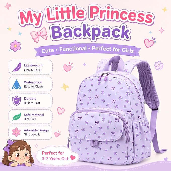 BTOOP Kids Backpack for Girls 4-6, Small Girls Backpack-Preschool Kindergarten School Bookbag with Insulated Lunch Compartment & Chest Strap for Girl (Purple-Bow, Age 3-6 (14.5" H Fit Folder))