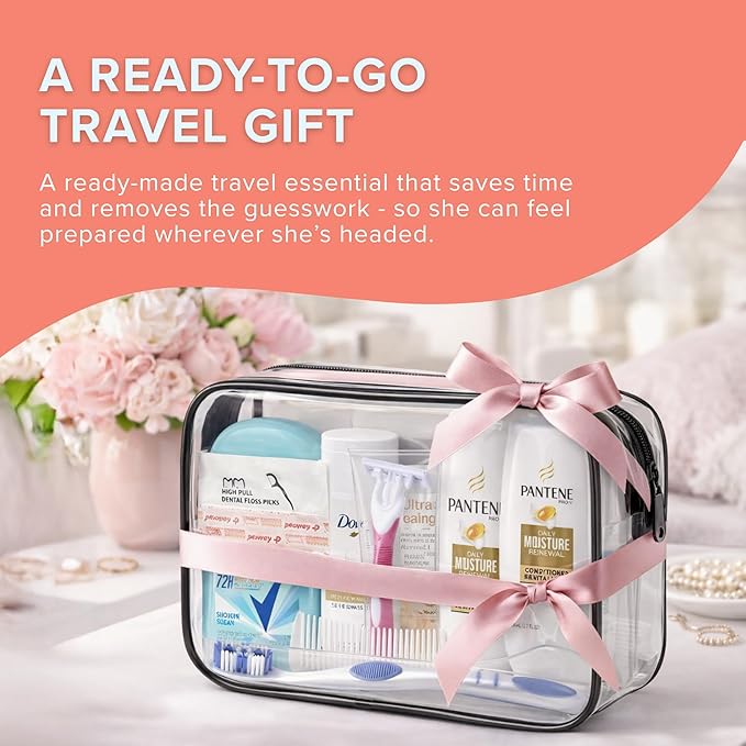 15 Piece Set Women’s Travel & Hygiene Kit with Clear Toiletry Bag, Personal Care Essentials, Single Kit or Bulk Case Packs, TSA Approved Toiletry Kit for Travel, Vacation, Everyday Essentials