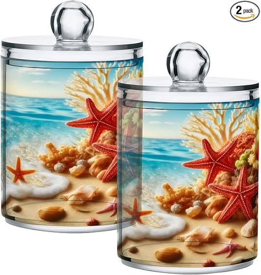 2 Pack Qtip Holder Organizer Dispenser Starfish Coral Seashell Summer Beach Bathroom Storage Canister Cotton Ball Holder Container for Cotton Pads/Swabs/Floss