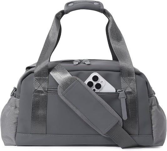 Bucosd Small Gym Bag for Women, Mini Crossbody Gym Duffle Bag with Wet Compartment, Carry on Gym Tote Bag for Workout Dance Sport Travel (Medium-Grey)