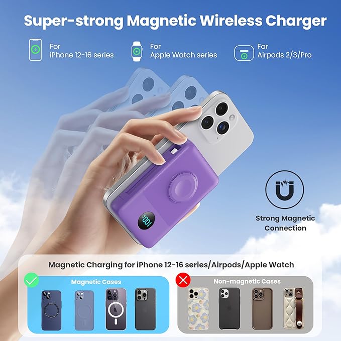 Ekrist Magnetic Portable Charger for MagSafe with Built-in Cable,iWatch Charger,Wireless Power Bank Travel Essentials,25W Fast Charging Battery Pack for iPhone 17/16/15,Apple Watch(Purple,10800mAh)