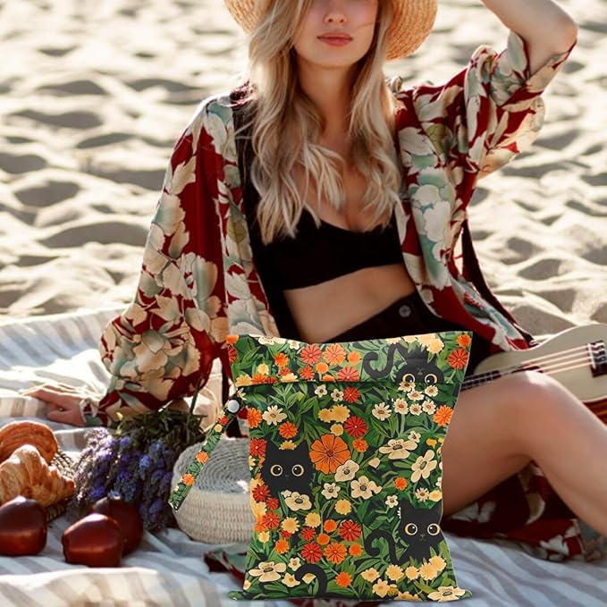 Black Cat Floral Wet Dry Bags Reusable Waterproof Wet Bags Swimsuit Bag Diaper Pouch for Travel Beach Gym Cat Gifts for Women Friend Travelers 10 x 13 Inches
