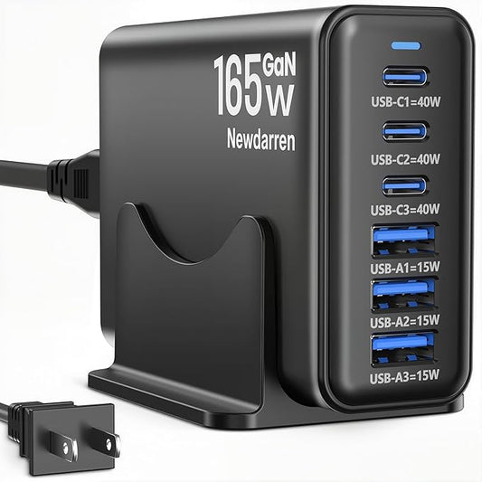 165W GaN USB C Charging Station, 6-Port Desktop Charger [3 USB-C PD + 3 USB-A], Multi-Device Fast Charger with 5 ft Cord for iPad iPhone 17/16/15, Samsung Galaxy, Tablets, Home Office Travel Black