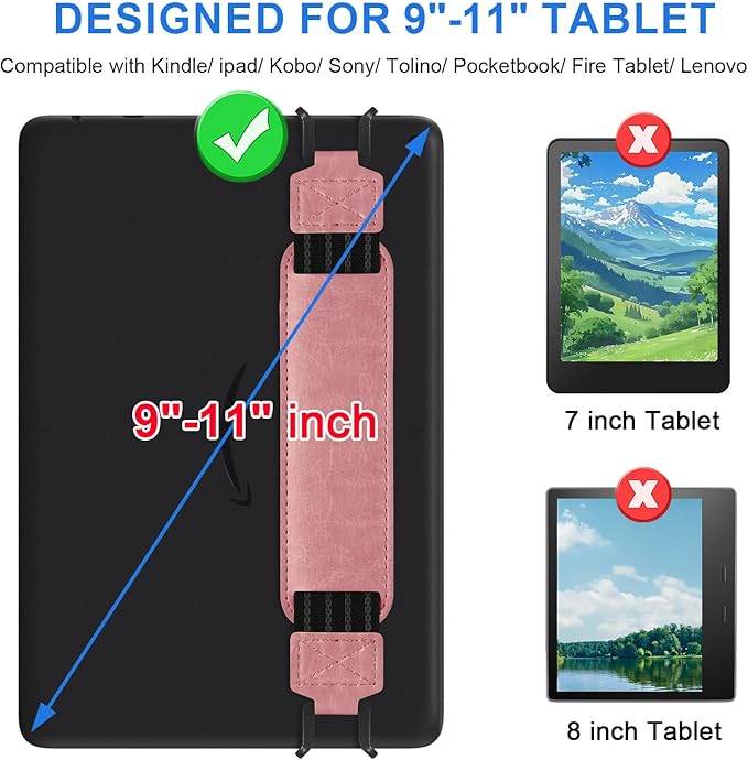 HoYiXi Soft Hand Strap for 9-11 Inch eReaders & Fire Tablet Compatible with Fire HD 10/iPad 9.7 /iPad mini/Galaxy Tab A8 A9/Huawei Lightweight Black High-Elasticity Finger Grip Holder -Pink