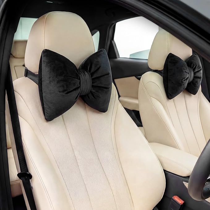 Macarrie 2 Pcs Car Neck Pillow Velvet Bow Headrest Pillow Soft Comfortable Seat Neck Support Cute Bow Car Accessories for Driving Travel Driver Chair Girl Interior Decor (Solid,Black)