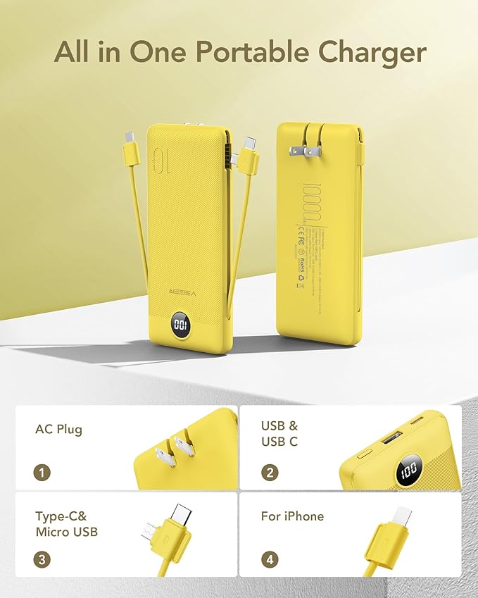VEGER Portable Charger Power Bank with Built-in AC Plug and Cables, All in One 10000mAh Ultra Slim Travel Essentials, Fast Charging Battery Pack Compatible with iPhone, Samsung, Android, Yellow