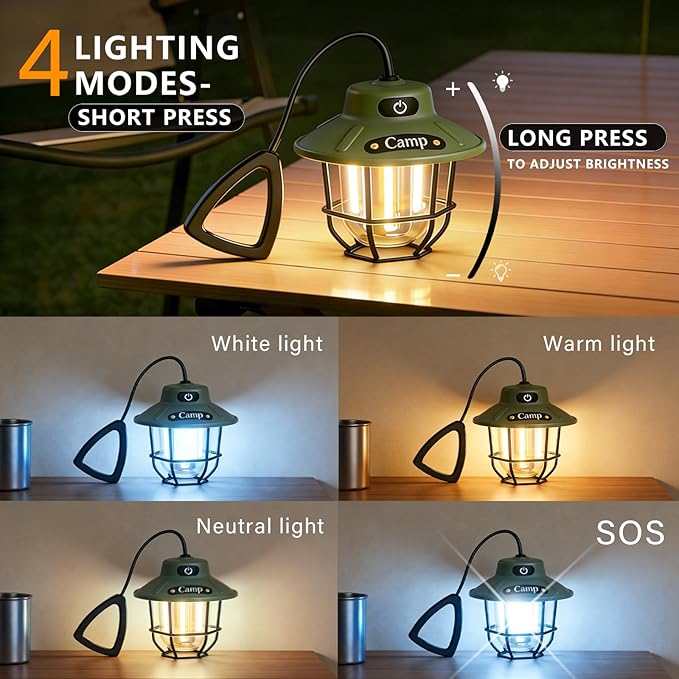 1200 Lumens Camping Lantern, Rechargeable LED Tent Light with 4 Light Modes, USB Portable Outdoor Flashlight for Camping, Hiking, Emergencies, Power Outages, SOS（Black）