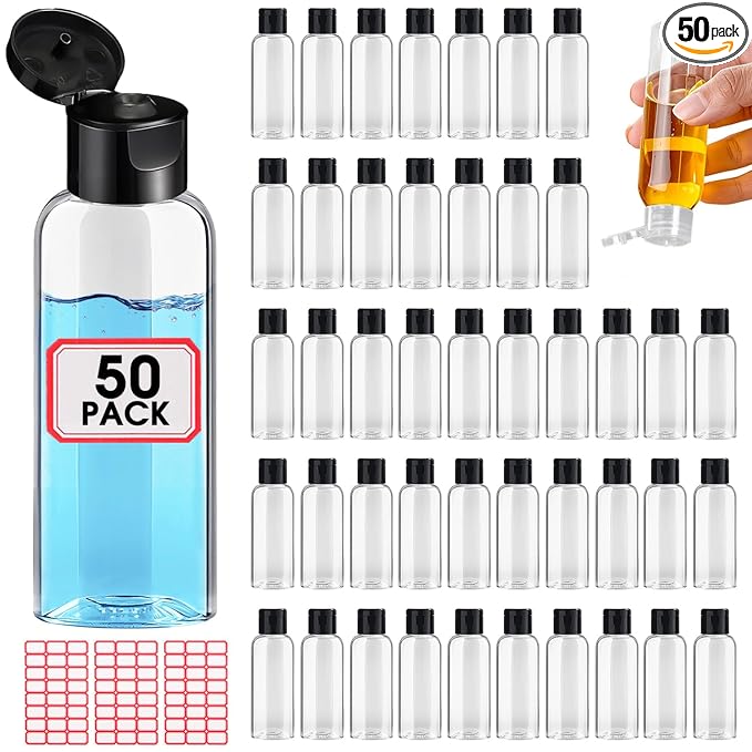 50 Pack Empty 3.4 oz Travel Bottles Tsa Approved Leakproof Plastic Squeezable Small Bottles for Toiletries Liquids Travel Essentials with Black Flip Cap