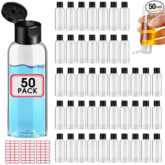 50 Pack Empty 3.4 oz Travel Bottles Tsa Approved Leakproof Plastic Squeezable Small Bottles for Toiletries Liquids Travel Essentials with Black Flip Cap