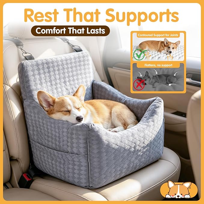 Topmart Dog Car Seat for Small Medium Dogs Under 35lbs, Memory Foam Safety Dog Booster Seat for Front & Back Seat, Cozy Pet Bed for Car with Safety Tether, Storage Pockets, Machine Washable Cover