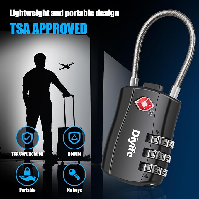 Diyife TSA Approved Luggage Locks, [2 Pack] 3-Digit Combination Security Flexible Cable Travel Lock, Resettable Code Lock with Zinc Alloy Body for Suitcases Travel Backpack Bag Case (Black)