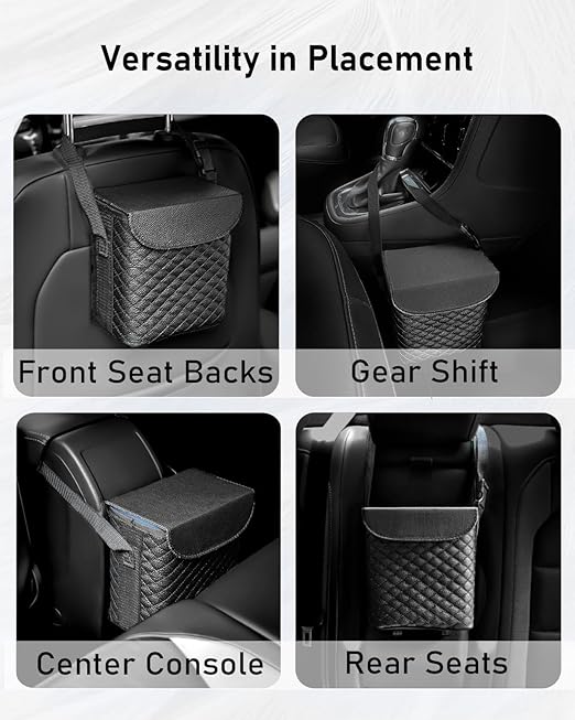 BELINOUS Leather Car Trash Can with Matching Tissue Holder, Waterproof and Leakproof Mini Car Trash Can with Lid, Small Garbage Bin with Adjustable Strap