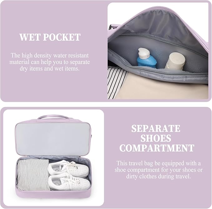 Weekender Bags for Women,Overnight Travel Duffel Bag with Shoes Compartment& Toiletry Bag,Extra Large(Purple)