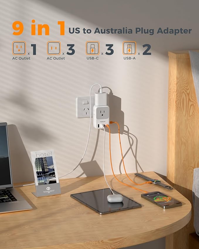 TESSAN Australia Plug Adapter 2 Pack, 28W New Zealand Power Adapter with 4 Outlets 5 USB Ports (3 USB-C), Type I Travel Adaptor for US to Australian Argentina China Fiji Samoa Tonga Kiribati