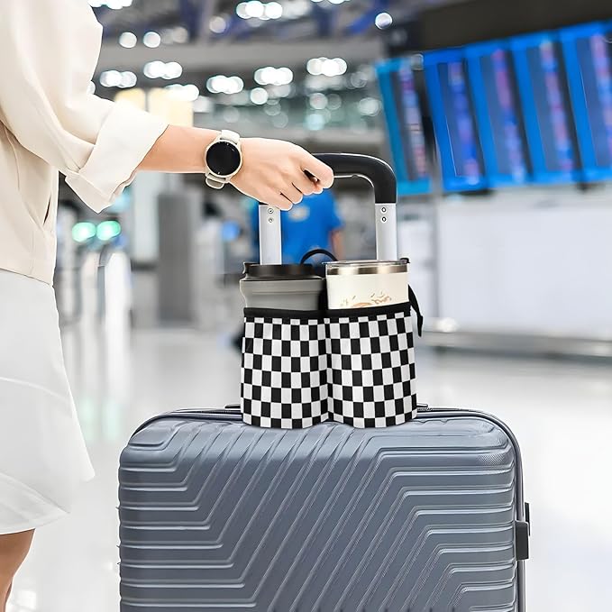 Luggage Cup Holder for Suitcases Free Hands Suitcase Cup Holder Travel Luggage Drink Holder Portable Luggage Cup Caddy Bag Carrier with Handle Checkered Black and White