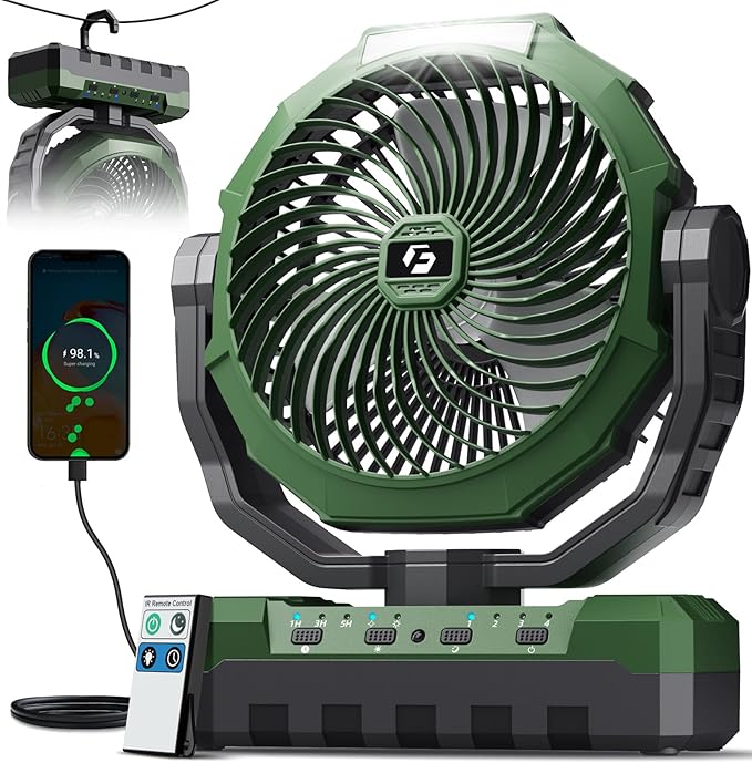 FRIZCOL 3-in-1 Camping Fan - Portable Fans Rechargeable - 36000mAh Battery Powered Fan with Light & Remote for Indoor, Outdoor, Tent, Travel, Fishing, Jobsite, Gifts for Men Dad Him - Green