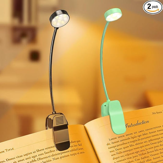 KTEBO Rechargeable Clip-On Book Light, 10-LED Bed Reading Lamp with 3 Color & 3 Brightness, USB-C, Up to 30-Hour Runtime, 360 Degree Gooseneck, Ultralight 1.4oz, Great Stocking Stuffers, Black & Green