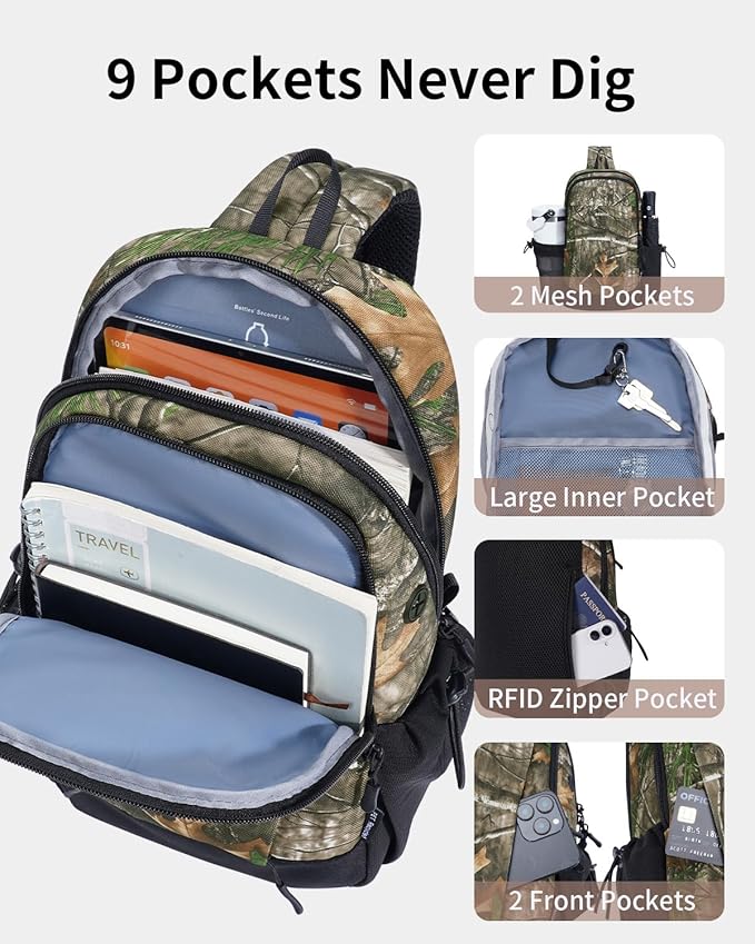 ECOHUB Crossbody Bags for Women Men, Anti-Theft RFID Blocking Sling Backpack with Sturdy SBS Zippers Water Resistant Chest Shoulder Bag Daypack with 9 Pockets Casual Outdoor Hiking, Camouflage