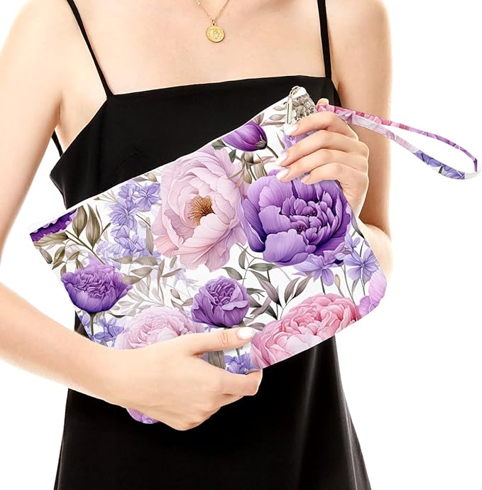 Fokongna Floral Print Wet Bag, Small Portable Waterproof Multi-Functional Organizer for Women, Ideal for Daily, Beach & Travel, Lilac & Pink Orchid Elegance