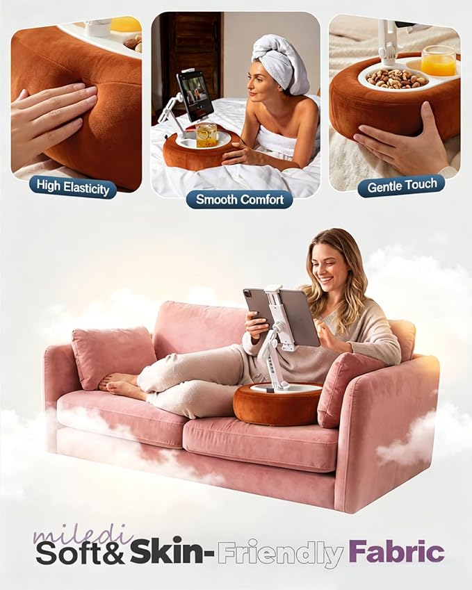 Miledi Tablet Pillow Stand, Compatible with 5"-12.9" Kindle, iPad, Phone/Tablet, 360° Rotating Phone Holder for Bed, Soft Plush Fabric, Detachable Bowl, Reading and Relaxation on Bed, Terracotta