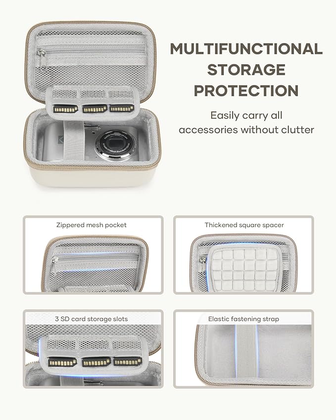 Digital Camera Case Fit for KODAK PIXPRO FZ45/FZ55/ CAMKORY/STUOGYUM DC402-AF/Canon IXUS, Storage Travel Carry Case with 3 SD Card Slots for Kodak Camera, Batteries, SD Card, Beige