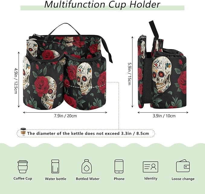 Luggage Cup Holder for Suitcases Free Hands Suitcase Cup Holder Travel Luggage Drink Holder Portable Luggage Cup Caddy Bag Carrier with Handle Mexico Skull Rose Flowers Red