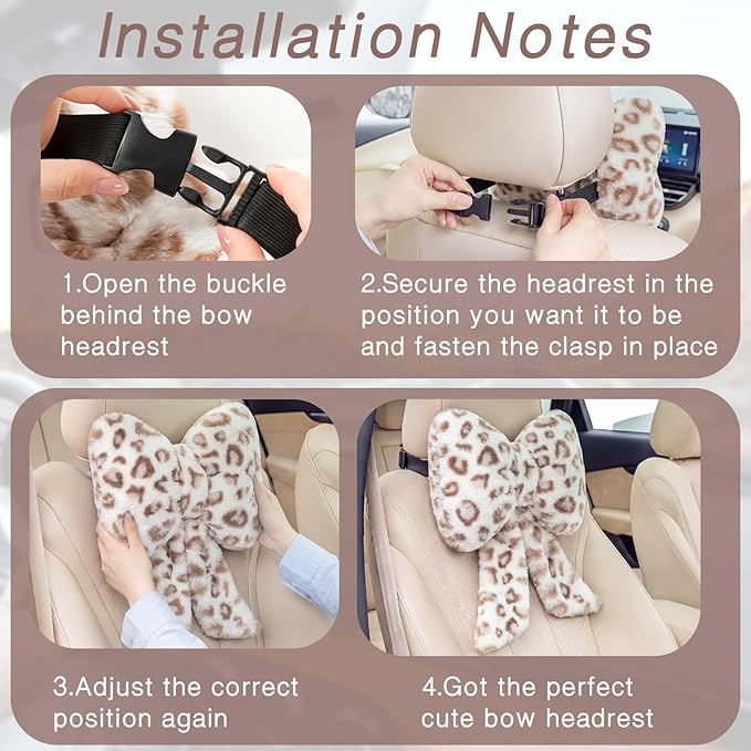 Macarrie 2 Pcs Car Neck Pillow Plush Butterfly Bow Car Headrest Pillow Comfortable Seat Neck Support Cute Head Rest Accessories for Driving Travel Driver Chair Girl Interior Decor(White,Leopard)