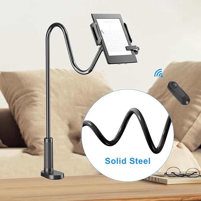 Kefotic Gooseneck Tablet Holder for Kindle Reading in Bed with Page Turner Remote, Hands Free Desk Bedside Lazy Arm Stand for Kindle Accessories, Gifts for Readers