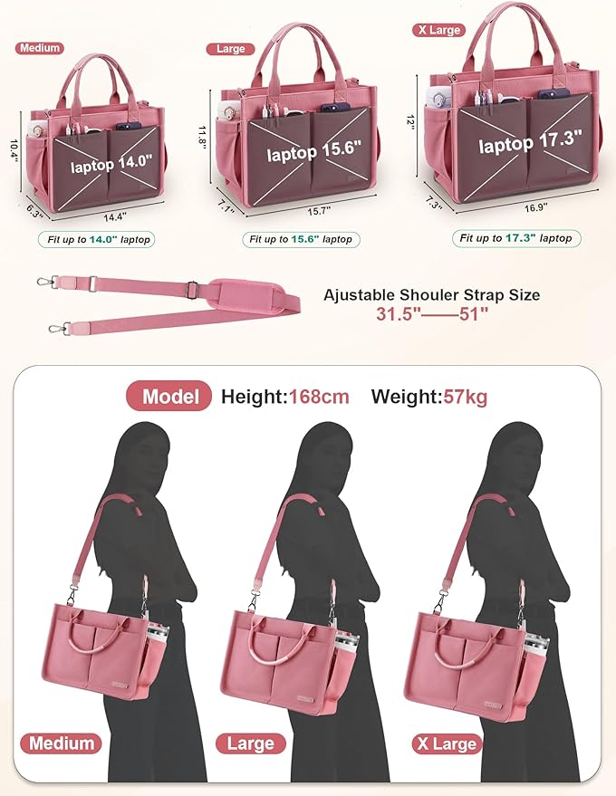FIORETTO Womens Canvas Tote Bag Purse with Individual Compartment, Zipper Top, Reinforced Bottom & Luggage Sleeve