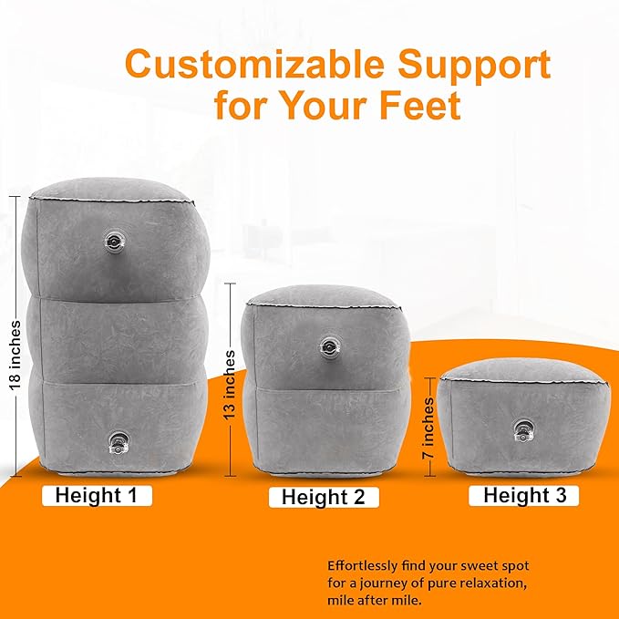 Inflatable Foot Rest Pillow for Airplane Travel - Adjustable Leg Rest for Long Flights, Baby/Toddler Airplane Seat Extender - Grey