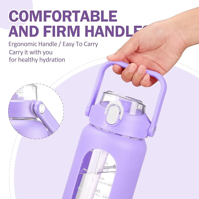 42oz Glass Water Bottles with Straw, Motivational Glass Bottle with Silicone Sleeve and Time Marker, Leakproof Large Glass Water Jug for Gym Home Office,Purple