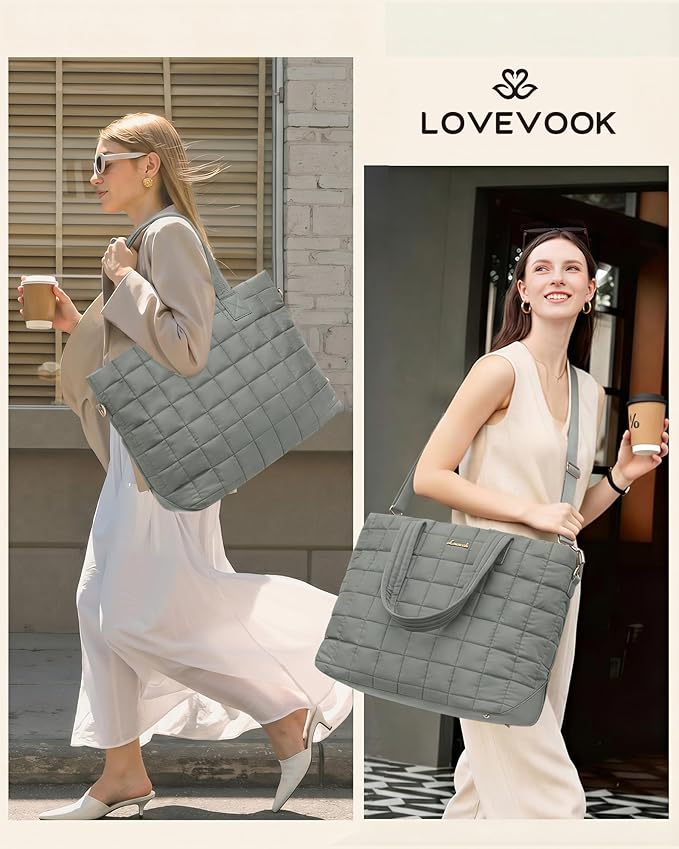 LOVEVOOK Laptop Tote Bag for Women, 17 Inch Large Puffer Work Computer Tote Bags for Teacher Nurse, Quilted Women's Purse Tote Shoulder Handbags with Zipper for Travel College Office Gym, Green