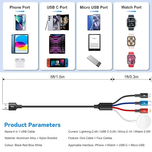 MINLU Multi Charging Cable 3.5A, 4 in 1 Braided iWatch & iPhone Multi Charger with Lightning/USB-C/Micro for Magnetic Wireless Watch Charger iWatch Series UItra/10-1/iPhone 17 16 15 14 13/Galaxy-6FT