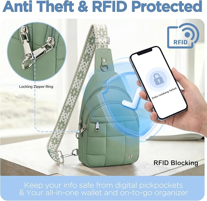Anti Theft Sling Bag for Men & Women, Lightweight Puffer RFID Crossbody Bag for Travel, Commuting & City Walking, Hands-Free Everyday Essentials Bag Green