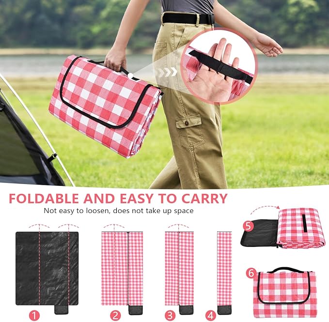 OBTANIM Extra Large Picnic Blanket 60 x 80 Inch Waterproof Foldable Beach Blankets Outdoor Picnic Mat for Camping Grass Lawn Park Music Festival Party Accessories (Red and White)