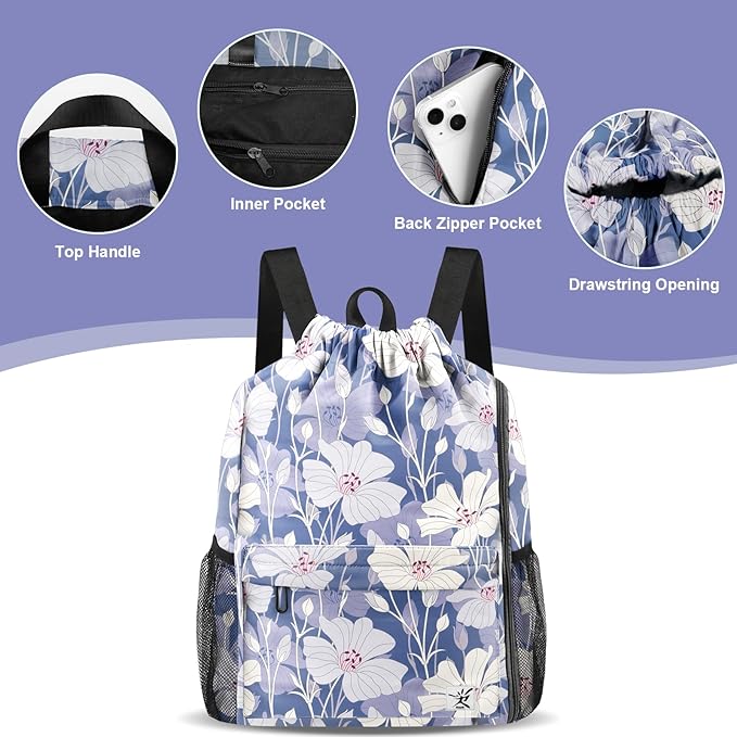 Drawstring Backpack with Mesh Pockets String Gym Bag Sackpack Sandproof Water Resistant Beach Backpack for Men Women