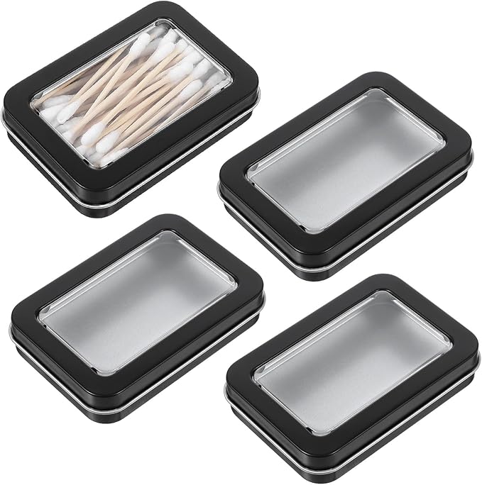 4 Pcs Travel Cotton Swab Holder, Portable Floss Pick Holder, Clear Dustproof Travel Qtips Case with Lid, Metal Cotton Ball Holders for Dental Floss, Hair Ties & Small Items (Black)