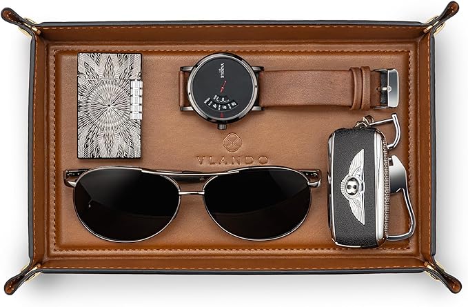 VLANDO PU Leather Valet Tray, 8.5 x 5 x 1.5 Inch Catchall Organizer for Men, Desk Nightstand Dresser Holder for Keys Phone Wallet Watch Coins, Entryway Gift